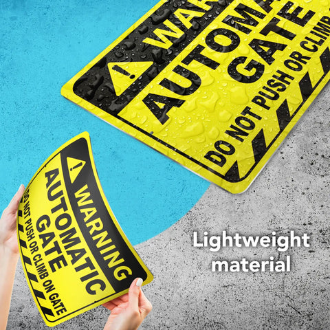 Heavy Duty No Sweat Automatic Gate Warning Sign 8X12 Inches Rust Proof Aluminum showing rain-resistant and flexible material.
