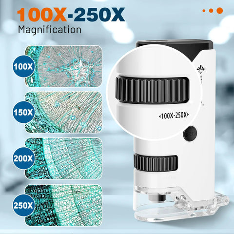 100x To 250x Portable Pocket Microscope For Kids And Adults Handheld Mini Microscope Kit showcasing magnification levels and close-up details