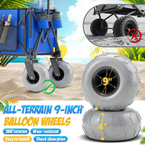 Blue Heavy Duty Folding Wagon For Sand And Outdoors, 350 Lb Capacity, 9 Inch All Terrain Wheels, beach background