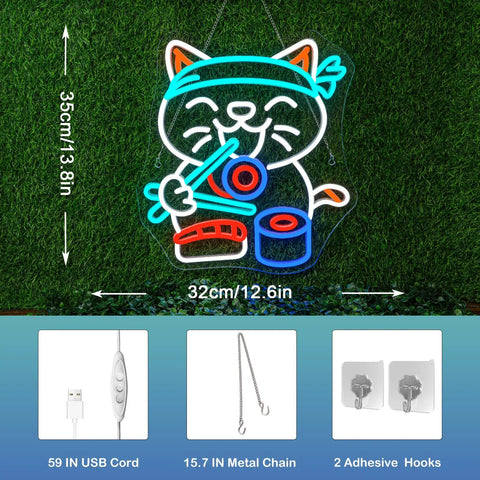 Lit Sushi Cat Neon Light Sign With White LED For Kitchen Or Home Bar Party Decor With Bright Glow Ramen Shop Vibe