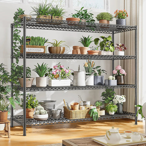 Heavy Duty Garage Shelving Unit with 4 Tier Adjustable Wire Shelves 2560 Lbs Capacity 55.5 Inch Wide Industrial Storage Rack for Home Shop and Commercial Use with potted plants