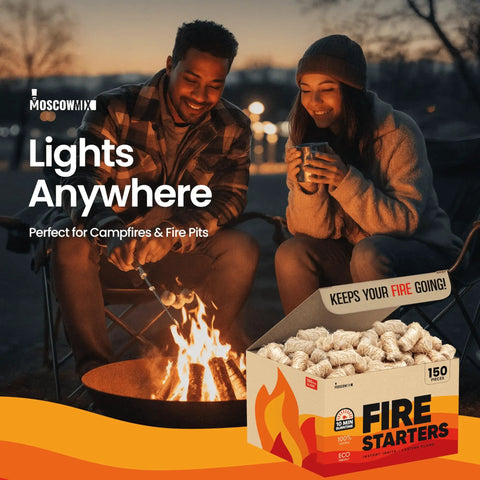 Couple enjoying campfire with Natural Wood Fire Starters Bulk 150 Count for Campfires Fireplaces Grills BBQ