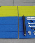 Five Foot Agility A Frame With Rubber Tops On Aluminum Supporting Boards In Blue Yellow No Fuss Setup For Easy Training For Pups And Beginners Space Saving Dog Agility Gear For Indoor Or Outdoor Practice, parts displayed