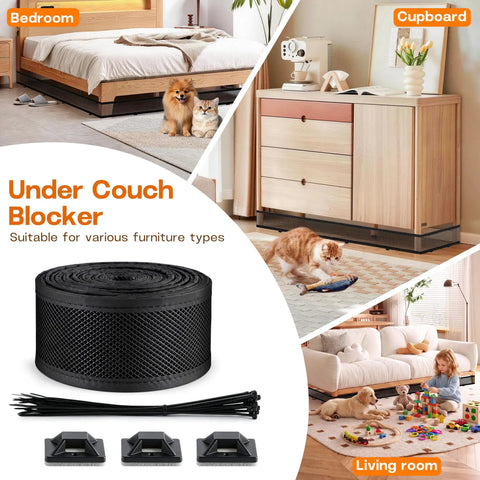 Adjustable Under Couch Blocker For Pets Smooth Sliding Barrier to catch toys under beds and furniture with breathable black fabric.