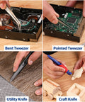 Solid 33 Piece Precision Repair Tool Kit With Screwdrivers Pliers Tweezers Utility Knife Blades for precise electronics work on various materials.