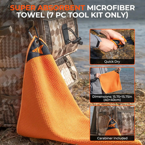 Super absorbent microfiber towel from 7 Piece Fishing Tool Kit with Rechargeable 65Lb Digital Fish Scale, Lip Grip and Tape Measure.