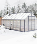 Walk-In Outdoor Greenhouse Kit With Built-To-Last Aluminum Frame And 4mm Twin-Wall Polycarbonate Panels, 8 By 16 Foot in snow