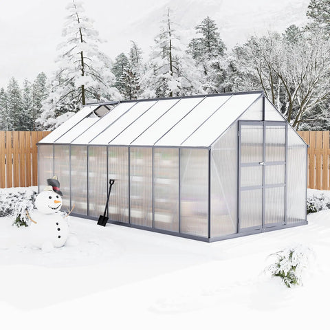 Walk-In Outdoor Greenhouse Kit With Built-To-Last Aluminum Frame And 4mm Twin-Wall Polycarbonate Panels, 8 By 16 Foot in snow