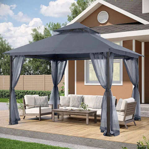 Outdoor Patio Gazebo 11x11 With Double Roof Canopy And Mosquito Netting For Backyard Deck Garden And Lawn In Dark Gray No Fuss Setup Sturdy Iron Frame With Anti Rust Coating Weatherproof Outdoor Shelter installed in garden