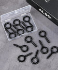 10 Pack Tough As Nails M6 Eye Screws 2.2 Inch Black Heavy Duty Carbon Steel Self Tapping Screw Eye Hooks in a clear box.