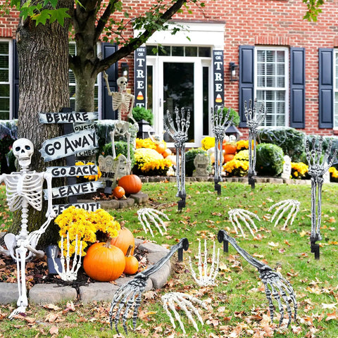 18 Piece Realistic Skeleton Arm Stakes And Halloween Skeleton Hands Set For Lawn And Garden Decor in spooky yard display