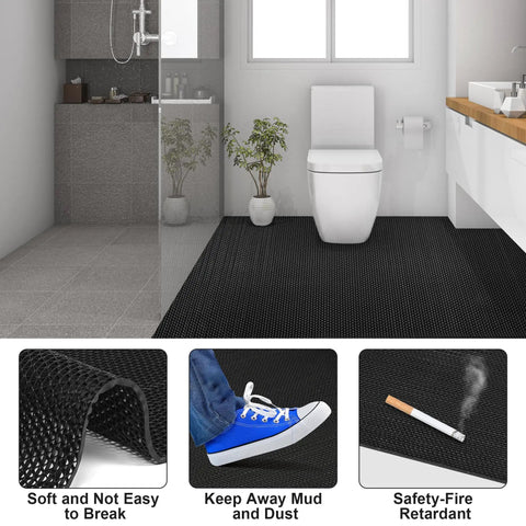 Drainage Floor Mat 3 Ft By 16 Ft 5 In Grippy Non Slip Commercial Grade PVC Rubber Mesh Entrance Mat For Wet Areas Kitchen Pool Bathroom Washroom Garage Black One Fifth Inch Thick installed in a modern bathroom