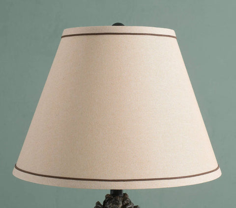 Tapered shade of Rustic Pinecone Accent Table Lamp In Aged Bronze Finish, 29 Inch Tall With A 15 Inch Tapered Shade, 3 Way 150 Watt Bulb