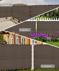 Heavy Duty Outdoor Fence Privacy Screen 4x32 Ft With Breathable HDPE Fabric for patio, yard, balcony use in brown, garden visible