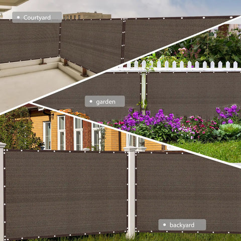 Heavy Duty Outdoor Fence Privacy Screen 4x32 Ft With Breathable HDPE Fabric for patio, yard, balcony use in brown, garden visible