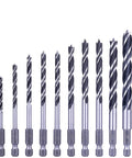 NordWolf 12-piece brad point wood drill bit set with 1/4 in hex shank, SAE sizes 1/8–1/2 in