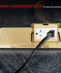 Dual Pop-Up Floor Box Kit With Brass Cover, 8.68 x 4.81 Inch Opening, 20A Tamper-Resistant Receptacles, showing plugged-in cord