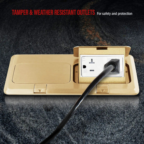 Dual Pop-Up Floor Box Kit With Brass Cover, 8.68 x 4.81 Inch Opening, 20A Tamper-Resistant Receptacles, showing plugged-in cord
