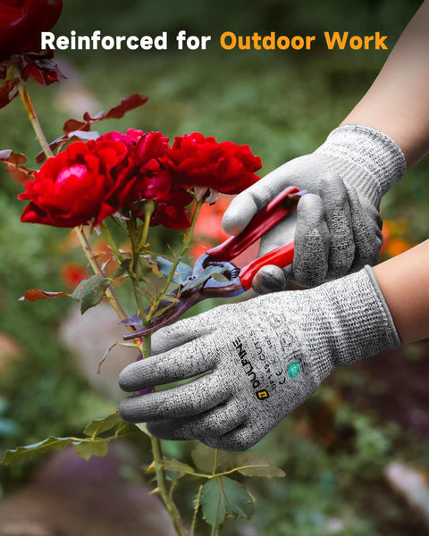 Person wearing ANSI A3 Cut Resistant Work Gloves With Grippy PU Coating For Men And Women, Heavy Duty Grip For Woodworking, Glass Cutting, Construction, Cargo Handling, And Auto Repair, Size Large, pruning roses.