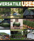 Various uses of Tough As Nails Heavy Duty 8x10 Foot Waterproof Tarp 9 Mil Thick Finished Size Poly Tarp Cover shown in camping, vehicle covers, and shelters