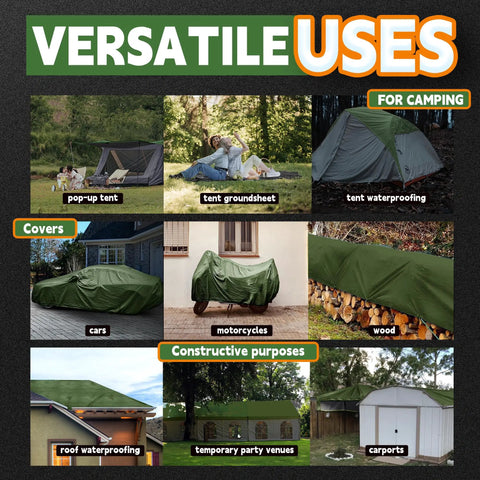 Various uses of Tough As Nails Heavy Duty 8x10 Foot Waterproof Tarp 9 Mil Thick Finished Size Poly Tarp Cover shown in camping, vehicle covers, and shelters