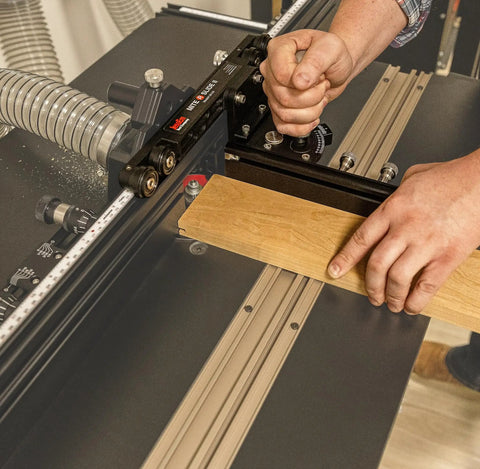 Person using Miter Slide II Precision Miter Slot Accessory for Woodworking Router Tables With Dual Aluminum Tracks