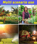 Collage of orchard, nursery worker, garden with sprinkler, and camping scene with tents and campfire