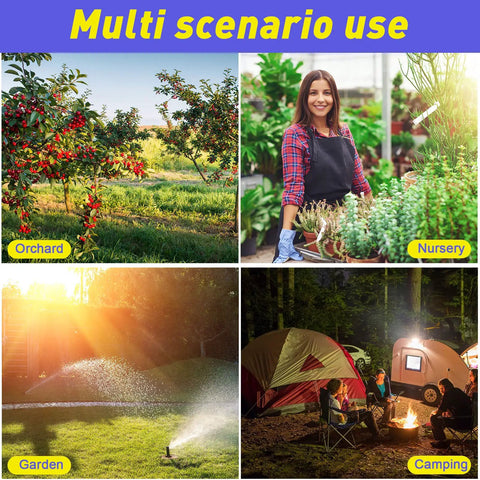 Collage of orchard, nursery worker, garden with sprinkler, and camping scene with tents and campfire