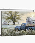 Blue Truck Canvas Wall Art With White Floral Accents, Retro Old Barn Pickup Truck Print For Farmhouse Decor, Americana Country Style Picture, 18 By 24 Inches