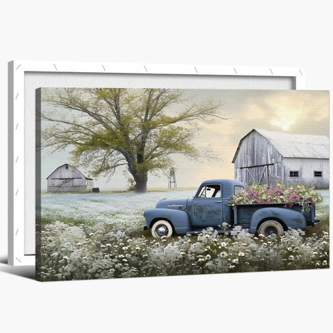 Blue Truck Canvas Wall Art With White Floral Accents, Retro Old Barn Pickup Truck Print For Farmhouse Decor, Americana Country Style Picture, 18 By 24 Inches