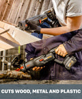 Nitro 20V Power Share Pro Cordless Reciprocating Saw with Brushless Motor cutting wood and metal, hands-on demonstration