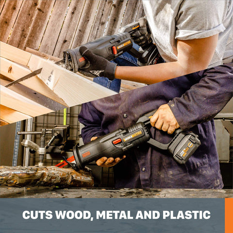 Nitro 20V Power Share Pro Cordless Reciprocating Saw with Brushless Motor cutting wood and metal, hands-on demonstration