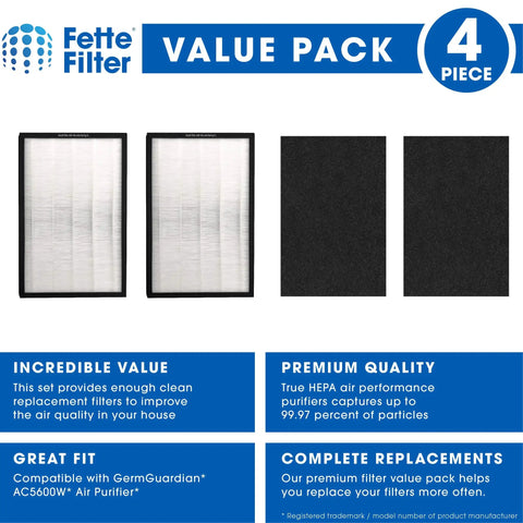 True HEPA Air Purifier Filter Compatible With Germ Guardian FLT5600 Filter N For Model AC5600W Pack of 2 and 2 carbon pre-filters