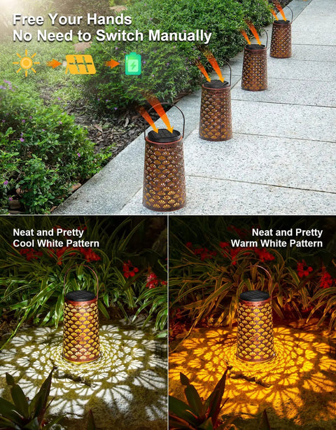 Lit Solar Lanterns Outdoor 2 Pack Waterproof Hanging Yard Decor Lights For Patio Balcony Lawn Garden Tree Pathway With Warm White And Cool White Modes Solar Powered Weather Resistant For Porch on path and glowing in garden.