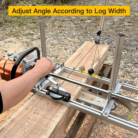Adjusting saw angle with Chainsaw Mill Winch Kit With Lever Arm For Smooth Lumber Milling on a wooden log