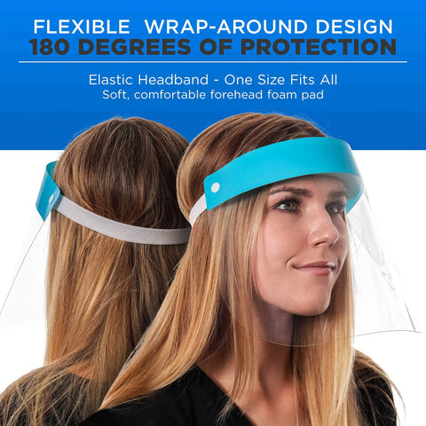 Woman wearing Ultra Clear Full Face Shields Pack Of 40 Sets (160 Shields) Anti Fog PET Plastic With Elastic Headband and Foam
