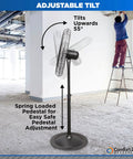 Beast Of A Fan Industrial Pedestal 30 Inch with 3 Speed High Velocity airflow, adjustable tilt shown in warehouse setting