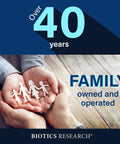 Hands holding paper cutout family, text reads 'Over 40 years Family owned and operated, Biotics Research'