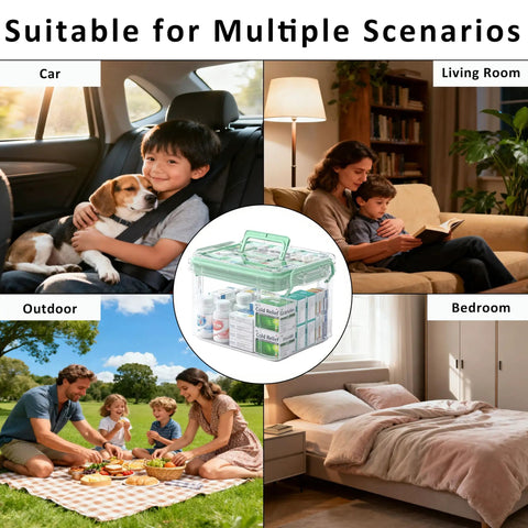 Grab And Go See Through Medicine Storage Box Set With Lids 2 Pack Portable First Aid Organizer With Handle Stackable Medical Supply Storage For Family Home Office Bathroom Bedroom Green, clear bins in use