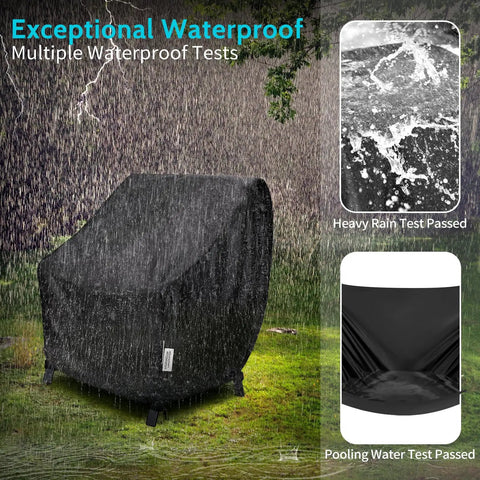 Waterproof Patio Chair Covers Two Pack All Weather Outdoor Furniture Protection With UV Resistance Windproof Straps And Air Vents Fits Chairs Up To Thirty Five Inches Wide Thirty Eight Inches Deep And Thirty One Inches High Black.