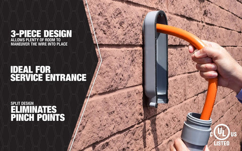 EZLB200 Three Piece Split Design PVC Conduit Body Connector for 2 Inch Gray Electrical Conduit Installations, showing smooth wire pulls.
