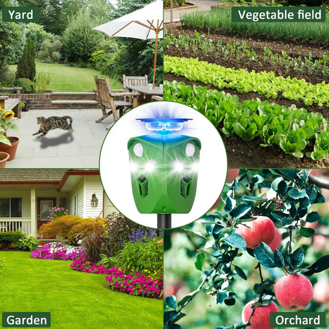360 Degree Solar Animal Deterrent For Yard And Garden With No Blind Spots, Three Motion Sensors, Waterproof Ultrasonic And Flashing Light Outdoor Device To Keep Deer, Raccoons, And Cats Away in yard, garden, field, and orchard