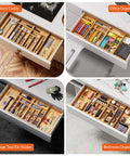 Expandable Magnetic Connected 13 Slot Silverware Drawer Organizer With Adjustable Length From 21 To 37.4 Inches Bamboo Utensil Tray For Kitchen Space Saving Organization shown in various uses as a cutlery caddy, office organizer, garage tool kit holder, and bedroom organizer.