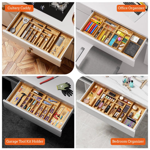 Expandable Magnetic Connected 13 Slot Silverware Drawer Organizer With Adjustable Length From 21 To 37.4 Inches Bamboo Utensil Tray For Kitchen Space Saving Organization shown in various uses as a cutlery caddy, office organizer, garage tool kit holder, and bedroom organizer.