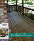 Badass Semi Transparent Outdoor Wood Stain And Sealer Combo Natural Pine Color One Gallon Bucket on a deck with a smooth finish.