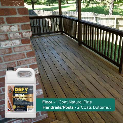 Badass Semi Transparent Outdoor Wood Stain And Sealer Combo Natural Pine Color One Gallon Bucket on a deck with a smooth finish.