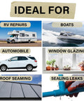 Image showing uses of Heavy Duty Butyl Seal Tape 1 Inch By 50 Feet Weather Resistant And Leak Proof Sealant for RVs, boats, cars, and roofs.