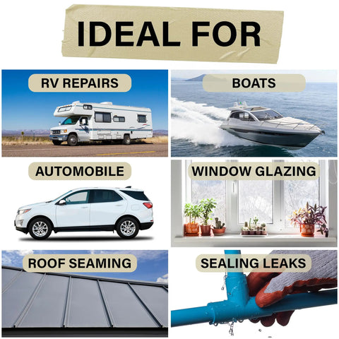 Image showing uses of Heavy Duty Butyl Seal Tape 1 Inch By 50 Feet Weather Resistant And Leak Proof Sealant for RVs, boats, cars, and roofs.