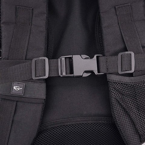 Close-up of backpack with 1 Inch Polypropylene Webbing Strap Kit With 16 Yards Of Black Webbing And 16 Side Release Buckles Plus Slide Adapters.
