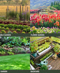 Collage of a vegetable garden, flower garden, grass garden, and backyard patio with potted plants, showcasing diverse garden settings.